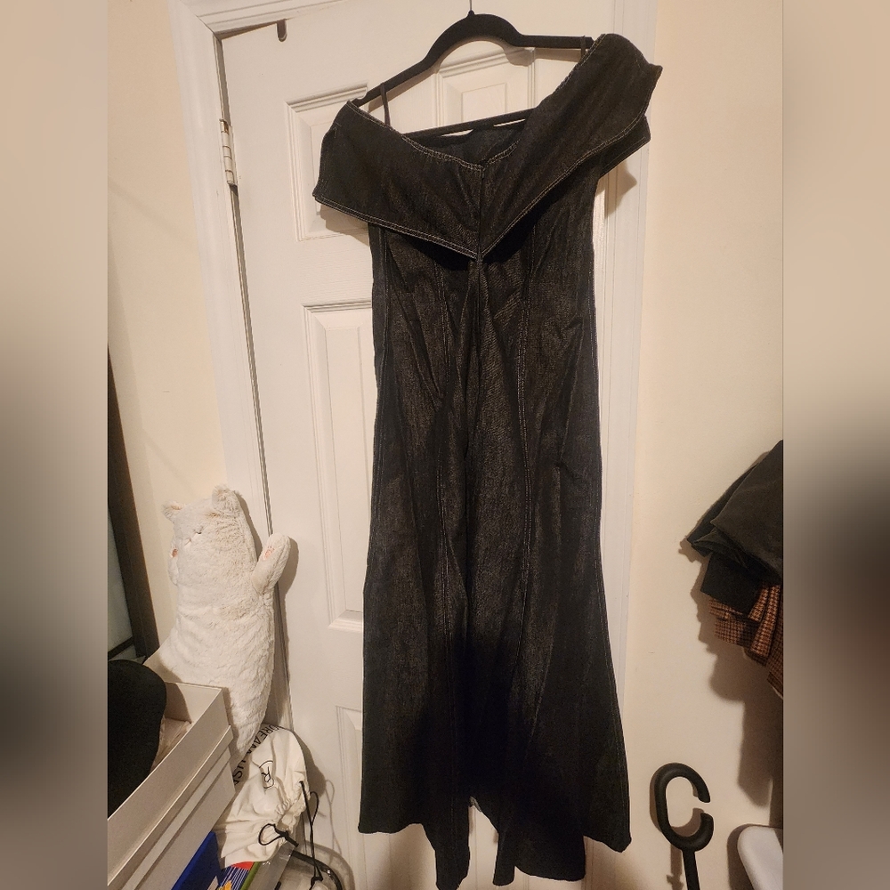 Beaufulle long open shoulder flared jeans dress dark blue color, size 6